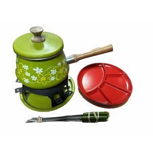 Vintage Imperial Fondue Pot Green Enamel W/ Flowers 1970's MCM Classic 6 Plates